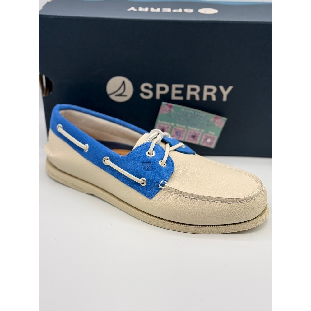 Sperry Top-Sider Authentic Original Mens Cream Blue Leather Suede Boat Shoes